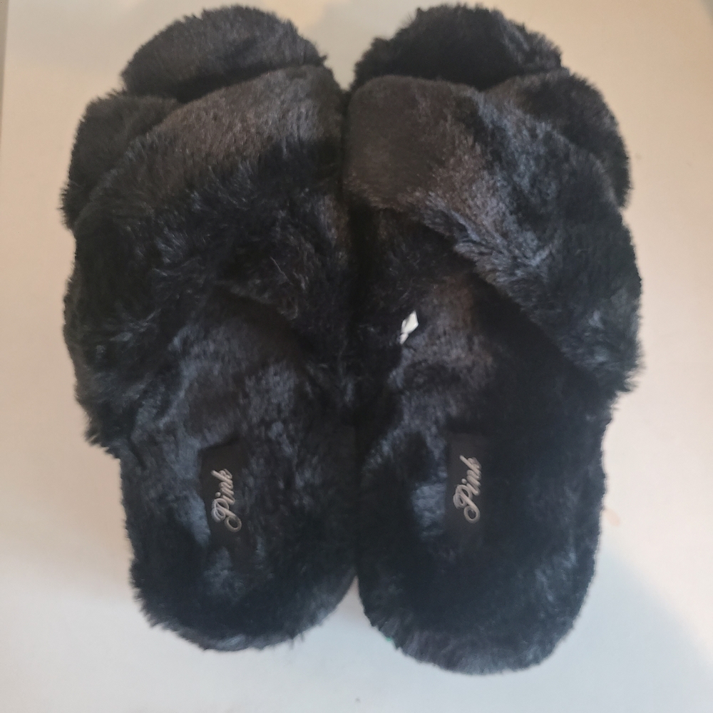 PINK Victoria's Secret Black Plush Faux Fur Slippers